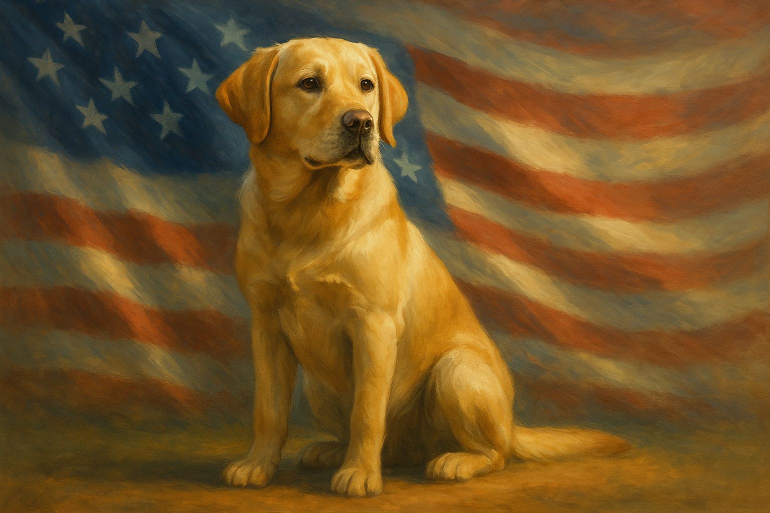 Labrador puppy sitting proudly with an American flag backdrop