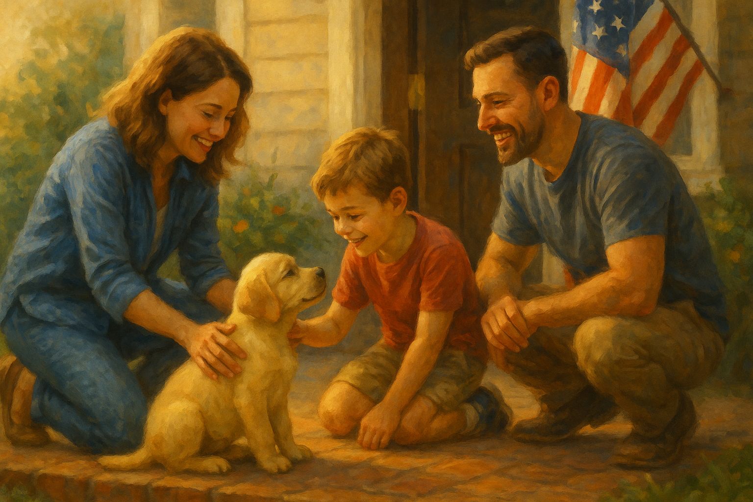 Happy family welcoming a Labrador puppy