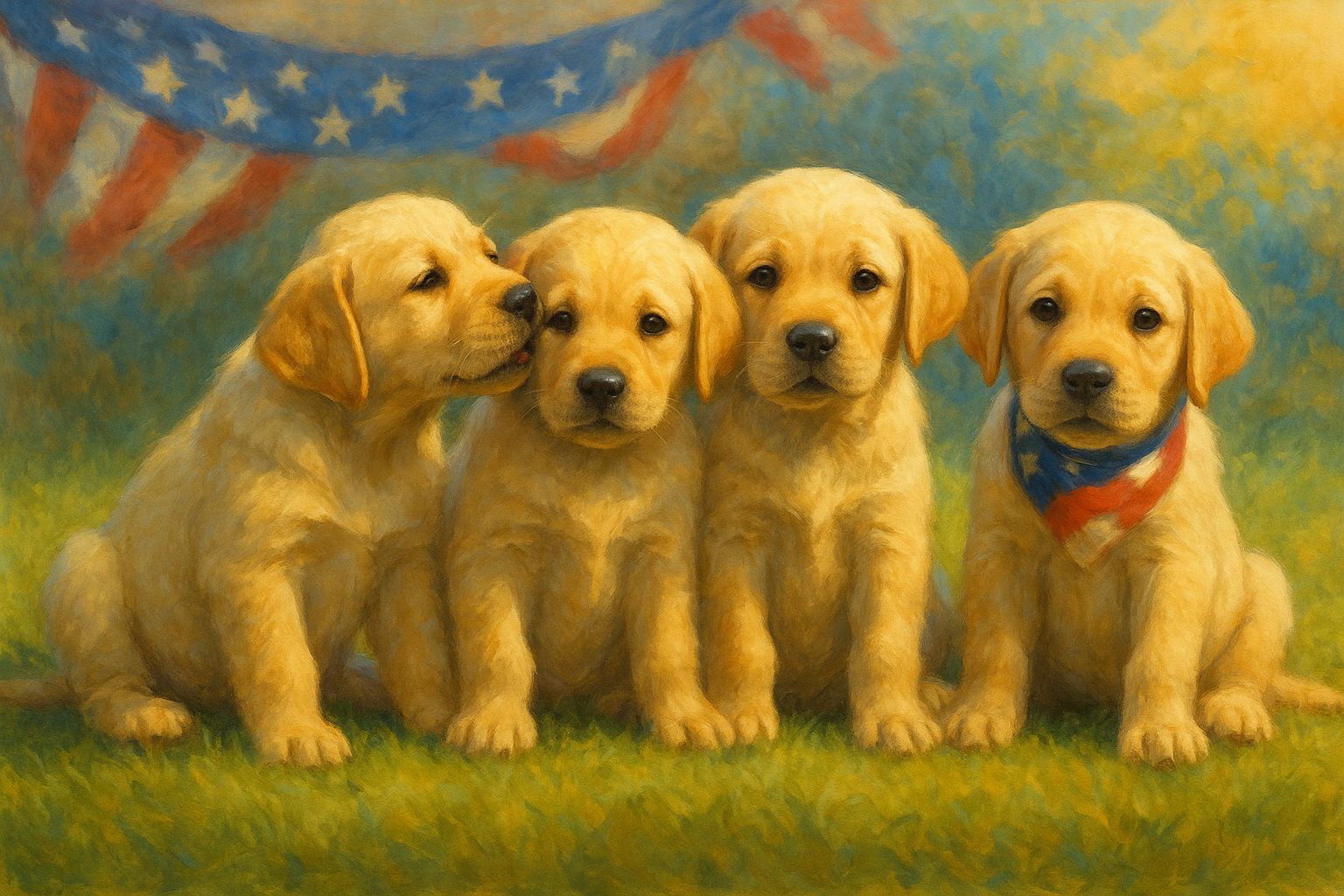 Labrador puppies playing on a lawn