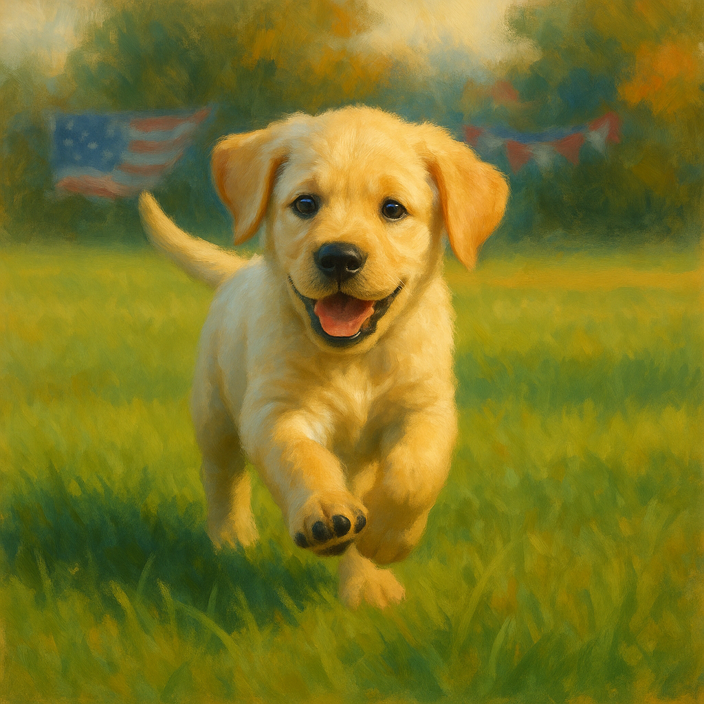 Playful Labrador puppy running in the grass