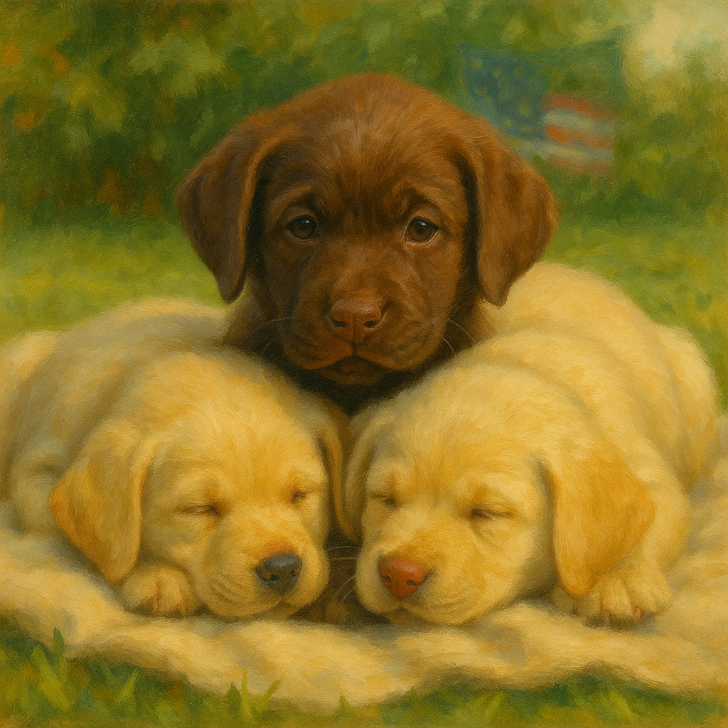 Labrador puppy cuddling with siblings