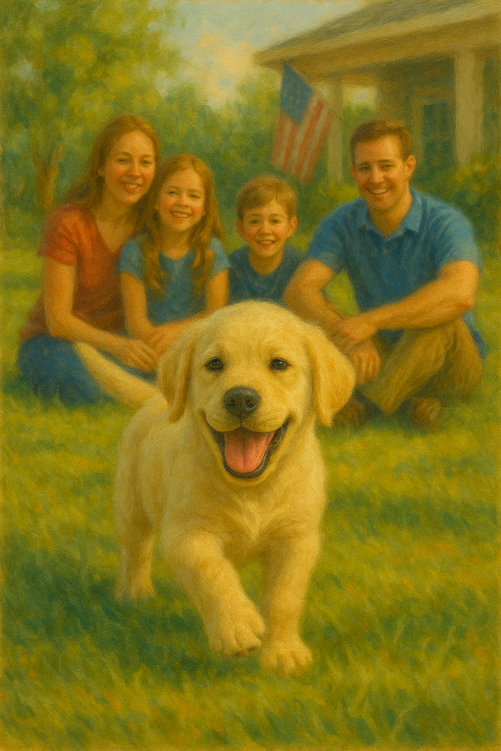 Happy Labrador with a family in a backyard